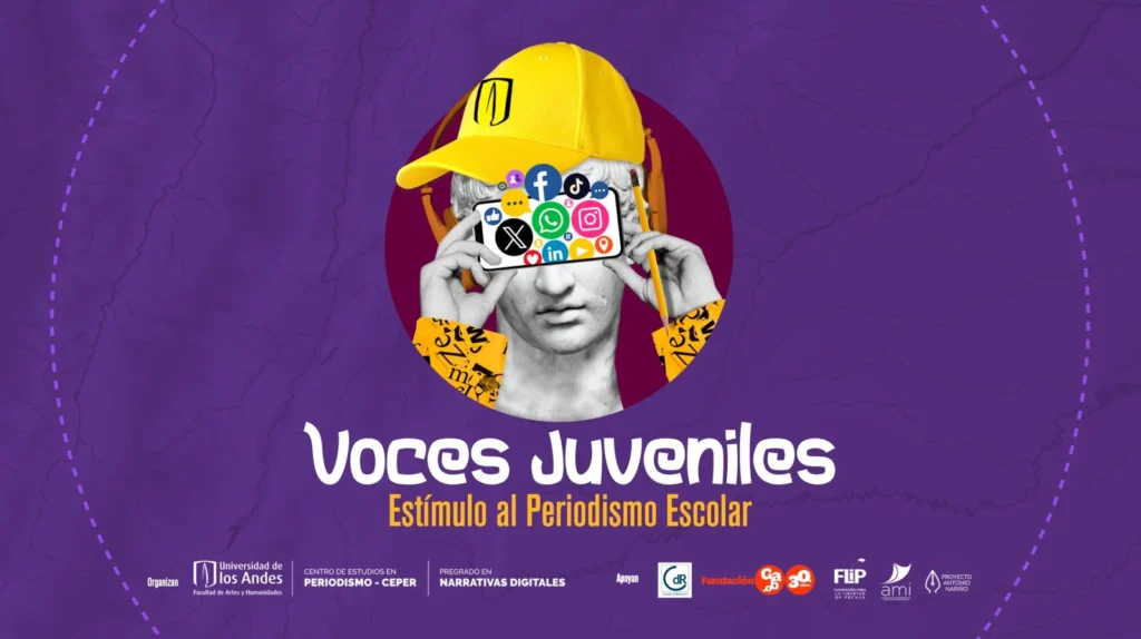 Banner oficial de la convocatoria 'Voces Juveniles', un estímulo para grupos de periodismo escolar en Colombia organizado por CEPER Uniandes y Fundación Gabo.