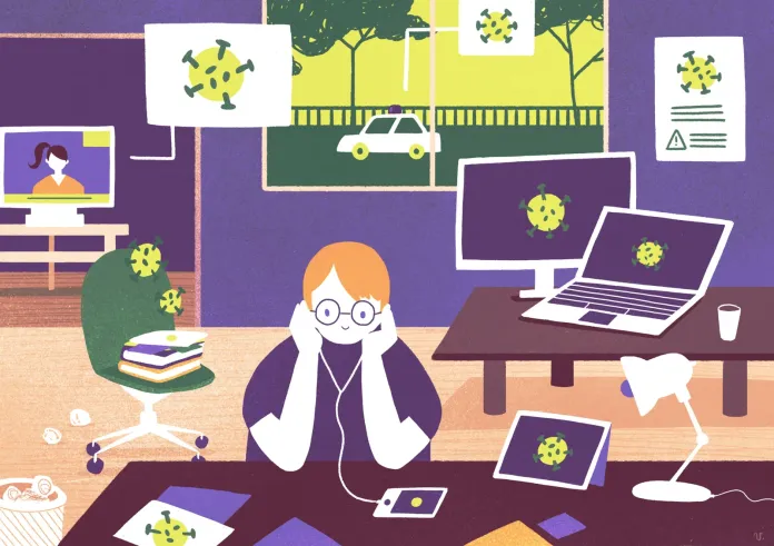 Ilustración sobre los efectos de la infomedia: cómo la sobrecarga de noticias digitales afecta la salud mental de los estudiantes